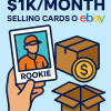 Comic-style illustration of a baseball card collector holding a magnifying glass over a vintage rookie card, with speech bubbles saying “Got questions?” and “Let’s connect!”—set against a backdrop of eBay listings, card sleeves, and memorabilia icons.