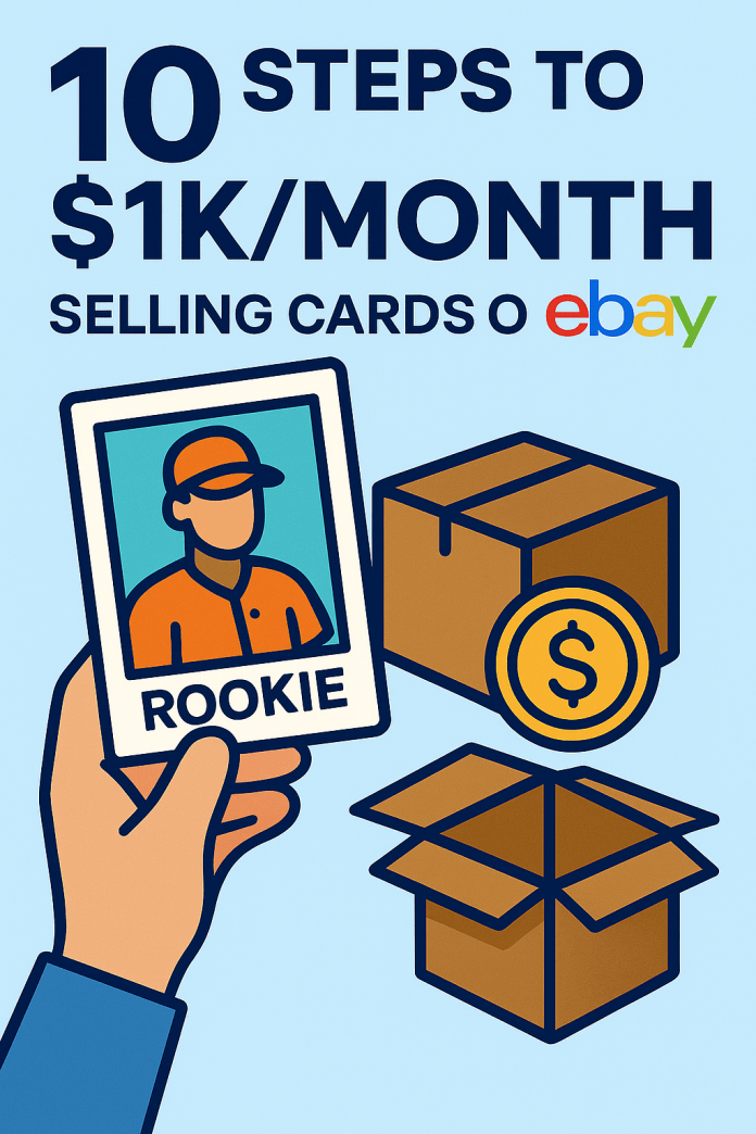 Comic-style illustration of a baseball card collector holding a magnifying glass over a vintage rookie card, with speech bubbles saying “Got questions?” and “Let’s connect!”—set against a backdrop of eBay listings, card sleeves, and memorabilia icons.