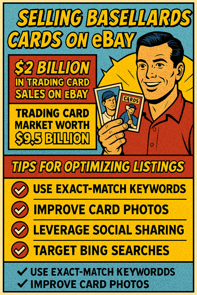Comic-style infographic showing baseball card seller holding vintage cards, with stats on $2 billion eBay trading card sales and $9.5 billion market value. Includes SEO tips: use exact-match keywords, improve card photos, leverage social sharing, and target Bing searches. Ideal for collectors selling sports cards online.