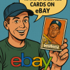 Comic-style illustration of a smiling man holding a 1952 Mickey Mantle baseball card with a speech bubble that reads “How to Sell Rare Baseball Cards on eBay Bing Style.” Features the eBay logo and a halftone blue background. Designed as a featured image for a Bing SEO-focused blog post.