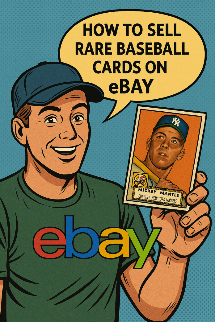 Comic-style illustration of a smiling man holding a 1952 Mickey Mantle baseball card with a speech bubble that reads “How to Sell Rare Baseball Cards on eBay Bing Style.” Features the eBay logo and a halftone blue background. Designed as a featured image for a Bing SEO-focused blog post.