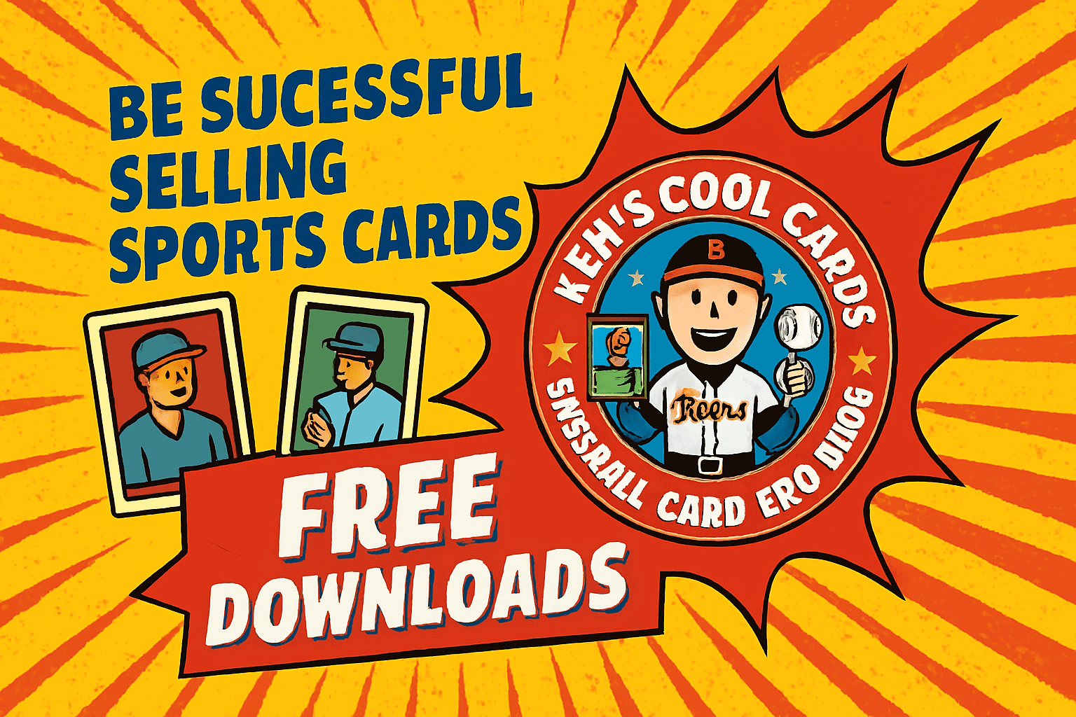 Comic-style featured graphic with a vibrant halftone burst background in Ken’s Cool Cards brand colors, featuring the Ken’s Cool Cards logo inside a “POW!” speech bubble at center, bold text reading “Be Successful Selling Sports Cards” above, and a ribbon banner below that says “Free Downloads.