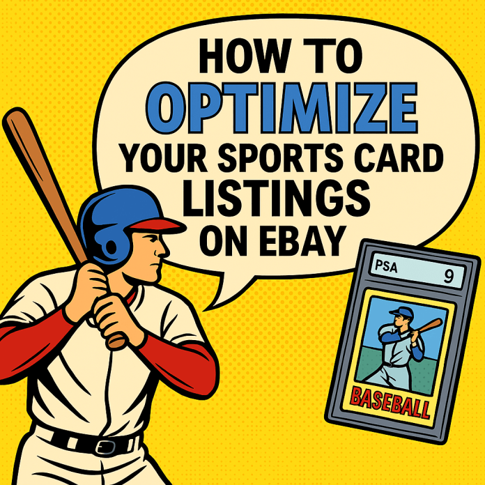 Comic-style illustration featuring a baseball player in a batting stance on the left, with bold text in a speech bubble reading “How to Optimize Your Sports Card Listings on eBay.” A graded baseball card appears on the right, showcasing a player mid-swing. The background is bright yellow with halftone dots, evoking a vintage comic book feel.