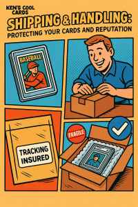 Comic-style instructional image by Ken’s Cool Cards showing four panels: a baseball card being sleeved and top-loaded, a man sealing a cardboard box with tape, a padded envelope labeled “Tracking Insured,” and a graded card packed in bubble wrap inside a box with a “Fragile” sticker. Features bold outlines, halftone textures, and the Ken’s Cool Cards logo in the top left corner.