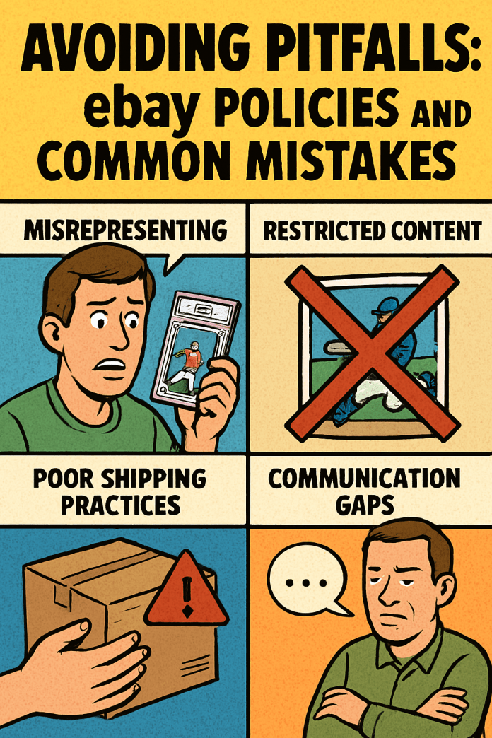 Avoiding Pitfalls: eBay Policies and Common Mistakes," featuring four panels that highlight common errors sellers make on eBay. Panel 1 shows a nervous man misrepresenting a PSA-graded card. Panel 2 displays a red "X" over a counterfeit-looking card. Panel 3 depicts a poorly packed shipping box with a warning symbol. Panel 4 shows a frustrated buyer facing communication delays. Each panel uses bold colors, halftone textures, and clear labels to emphasize key selling mistakes