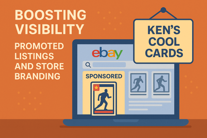 eBay sports card seller promoting listings and building store branding with vintage and modern cards on display