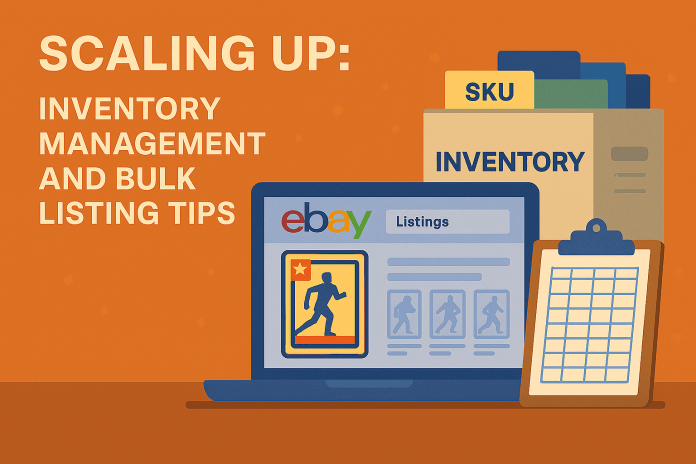 eBay bulk listing interface with CSV upload, reusable templates, and grouped sports cards ready for sale