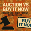 Auction gavel and “Buy It Now” button icons side by side over a baseball card background with title text.