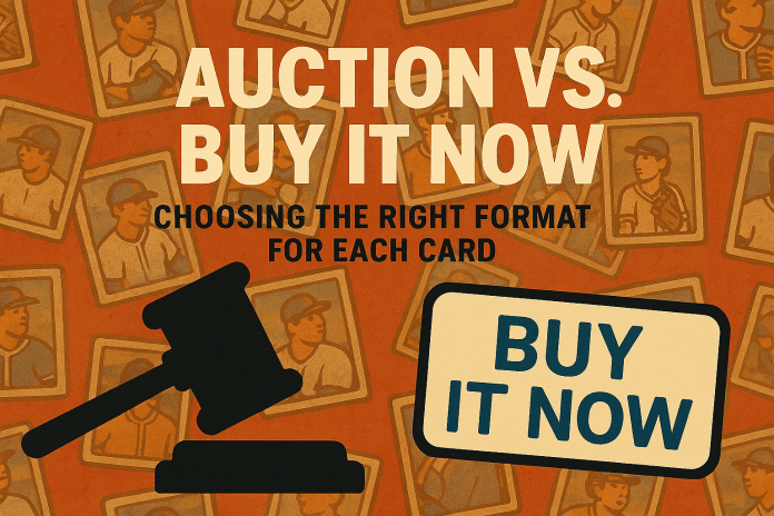 Auction gavel and “Buy It Now” button icons side by side over a baseball card background with title text.