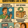 "Handling Returns, Disputes, and Buyer Questions Like a Pro," featuring four panels. Panel 1 shows a seller calmly replying to a buyer message on a smartphone, labeled “Responsive Communication.” Panel 2 displays an eBay-branded box with a green return arrow, labeled “Easy Returns.” Panel 3 features a PSA-graded card with a checkmark icon, labeled “Evidence and Documentation.” Panel 4 shows a customer service rep wearing a headset, speaking with empathy, labeled “Professional Response.” Each panel uses bold outlines, halftone textures, and vibrant colors to emphasize best practices in eBay customer service.