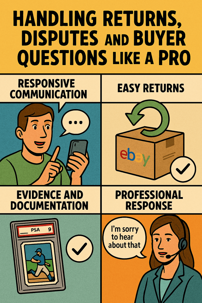 "Handling Returns, Disputes, and Buyer Questions Like a Pro," featuring four panels. Panel 1 shows a seller calmly replying to a buyer message on a smartphone, labeled “Responsive Communication.” Panel 2 displays an eBay-branded box with a green return arrow, labeled “Easy Returns.” Panel 3 features a PSA-graded card with a checkmark icon, labeled “Evidence and Documentation.” Panel 4 shows a customer service rep wearing a headset, speaking with empathy, labeled “Professional Response.” Each panel uses bold outlines, halftone textures, and vibrant colors to emphasize best practices in eBay customer service.