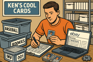 Sports card seller organizing inventory with labeled boxes, spreadsheet tracking, and SKU system for eBay growth