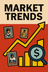 A stylized upward-trending line graph overlaid with small baseball card icons, representing market price trends.