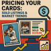 A stack of baseball trading cards next to a laptop showing an eBay listing page, with a bright yellow price tag in the foreground