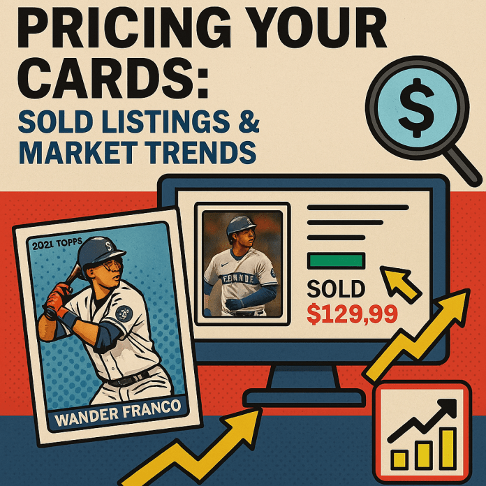A stack of baseball trading cards next to a laptop showing an eBay listing page, with a bright yellow price tag in the foreground