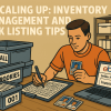 Sports card seller managing inventory with labeled boxes, spreadsheet tracking, and eBay Seller Hub open on laptop