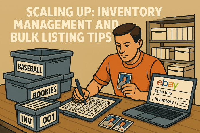 Sports card seller managing inventory with labeled boxes, spreadsheet tracking, and eBay Seller Hub open on laptop
