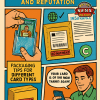Shipping & Handling: Protecting Your Cards and Reputation" by Ken’s Cool Cards. Divided into three sections: a hand inserting a baseball card into a top loader (packaging tips), a padded mailer with tracking and insurance documents (tracking and protection), and a man sending a message on his phone (customer communication). Includes bold comic fonts, halftone shading, and the Ken’s Cool Cards logo in the top right corner