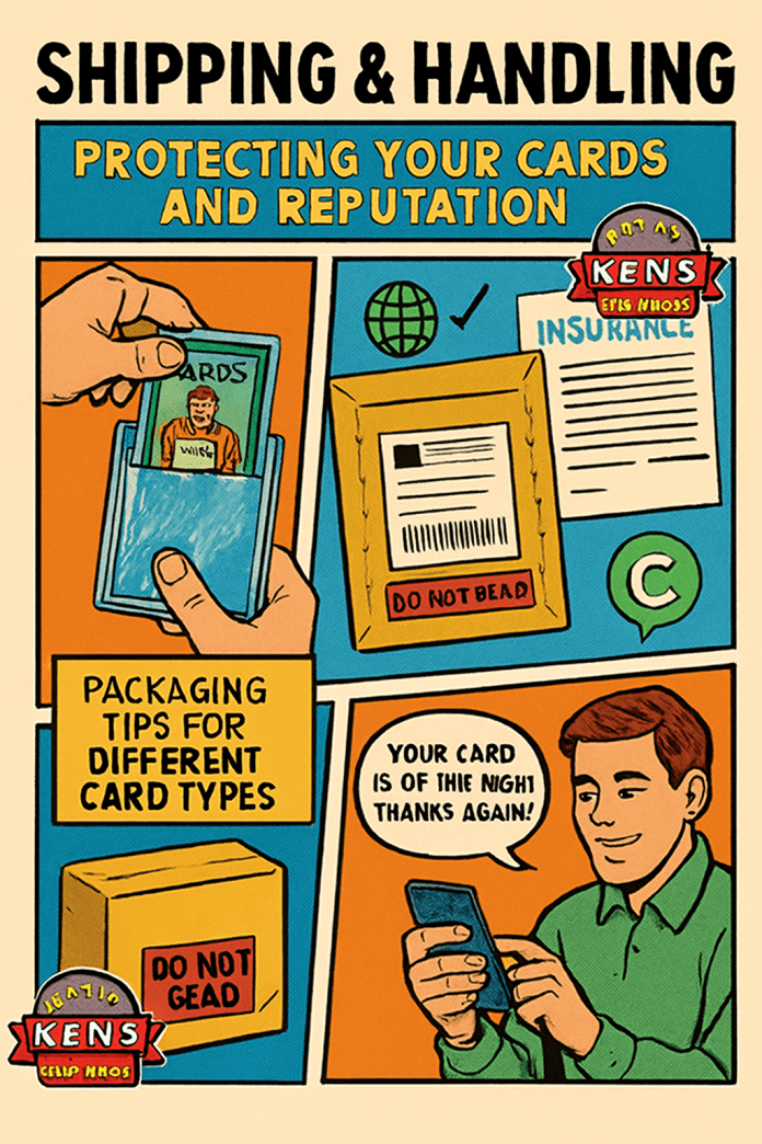 Shipping & Handling: Protecting Your Cards and Reputation" by Ken’s Cool Cards. Divided into three sections: a hand inserting a baseball card into a top loader (packaging tips), a padded mailer with tracking and insurance documents (tracking and protection), and a man sending a message on his phone (customer communication). Includes bold comic fonts, halftone shading, and the Ken’s Cool Cards logo in the top right corner