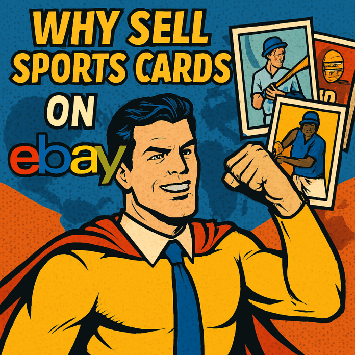 Comic-style illustration promoting sports card selling on eBay. Features a superhero-like character in a yellow suit and red cape, flexing confidently beside three colorful sports cards (baseball, football, basketball). Bold headline reads “Why Sell Sports Cards on eBay” with the eBay logo. Background includes halftone dots, a radial burst, and a faint world map, emphasizing global reach and collector appeal.