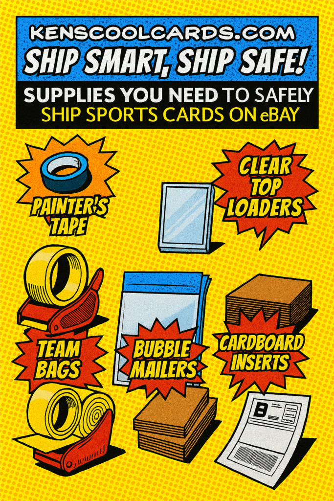 Comic-style checklist of shipping supplies for sports cards on eBay, including painter’s tape, top loaders, team bags, bubble mailers, cardboard inserts, and printed labels.