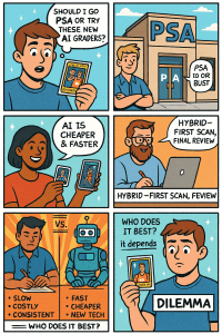 Comic strip showing a collector debating between PSA grading and AI grading apps.