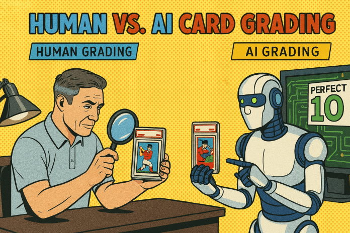 Comic-style infographic comparing human and AI card grading across six key features.