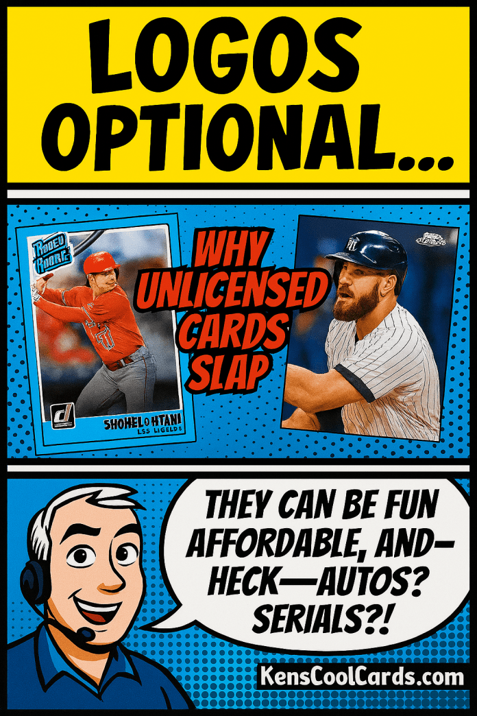 Licensed vs unlicensed sports cards Comic-style header image featuring bold text and geometric background asking, “Is It Worth It To Buy Unlicensed Sports Cards?” in KensCoolCards.com branding. Designed to grab attention and introduce the blog’s central question.