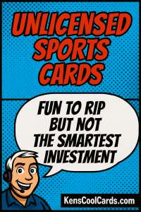 Comic-style supporting image with bold halftone background and speech bubble stating, “Fun to rip but not the smartest investment.” Reinforces the article’s message about the strategic pros and cons of unlicensed cards.