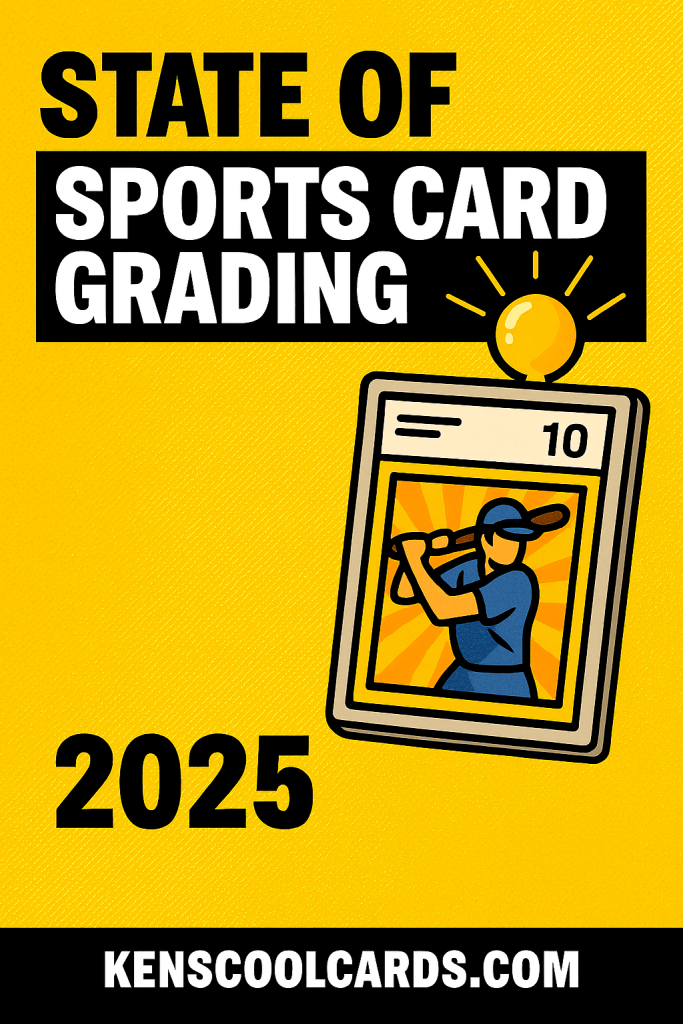 Comic-style image of a baseball card graded “10” with bold text reading “State of Sports Card Grading” and “2025” on a yellow background.