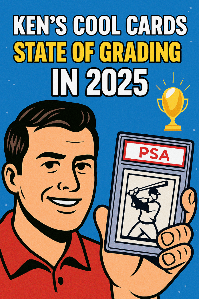 Ken’s Cool Cards – State of Grading in 2025 Comic-style illustration of Ken holding a PSA-graded baseball card with bold text reading “State of Grading in 2025” on a blue background.