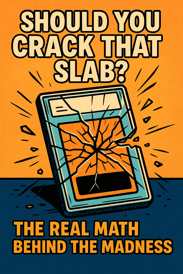 Comic‑style illustration of a cracked card slab exploding apart with bold text reading “Should You Crack That Slab? The Real Math Behind the Madness.”