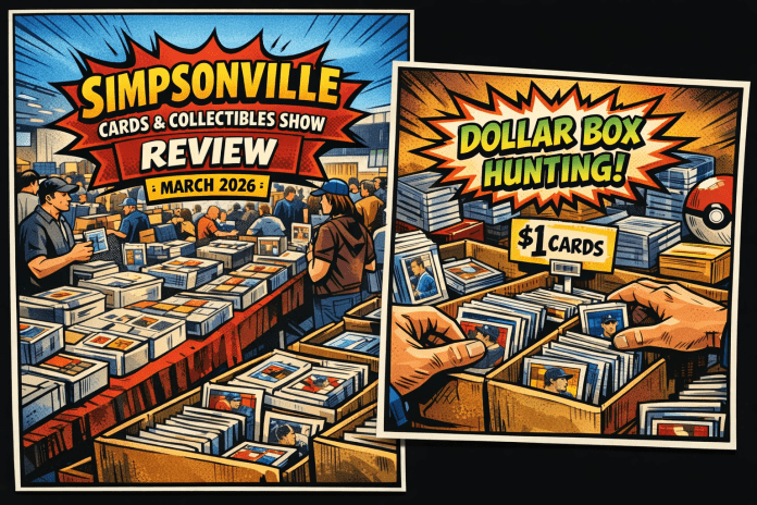 Comic-style illustration of the Simpsonville Cards & Collectibles Show with bold title and crowd browsing tables