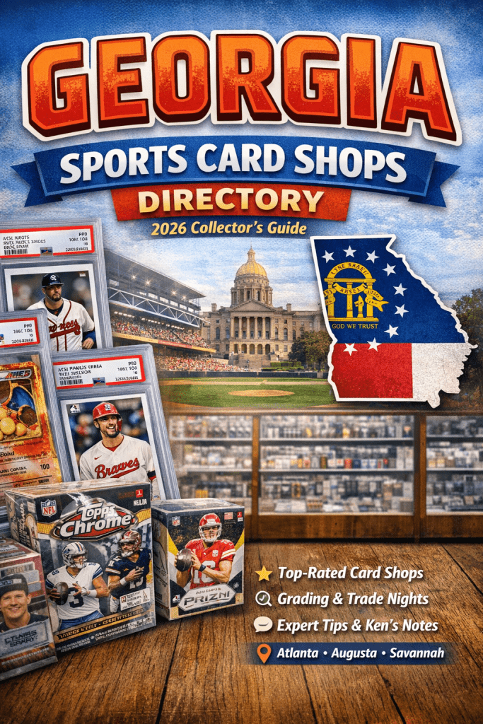 Vertical poster with sports cards, wax boxes, and the Georgia state flag promoting the Georgia Sports Card Shops Directory 2026 Collector’s Guide.