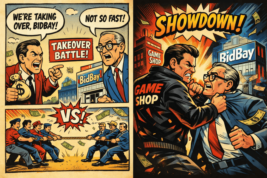 Retro 1960s comic‑style illustration showing a dramatic takeover battle between fictional companies Game Shop and BidBay, with executives arguing and employees in a tug‑of‑war.