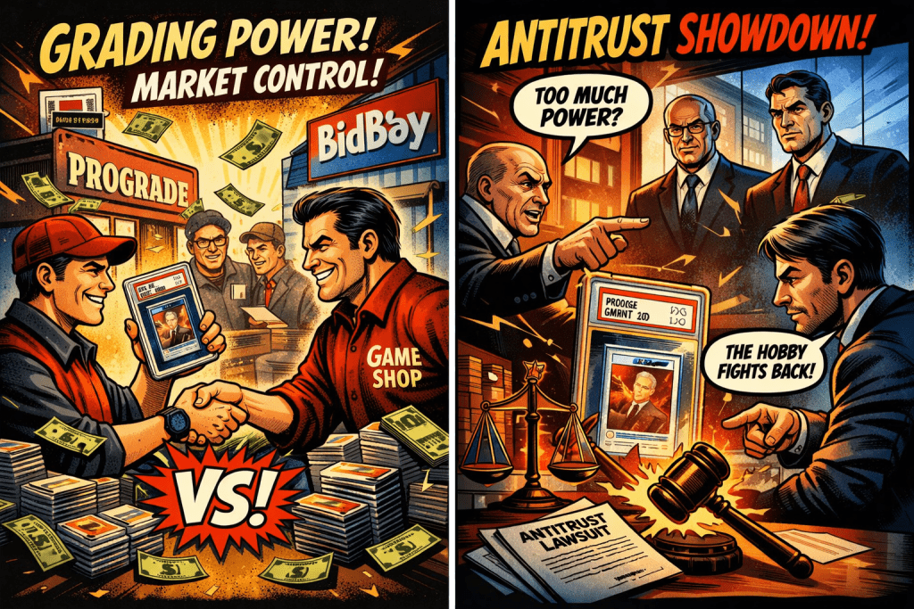 Modern comic‑panel illustration showing a ProGrade grader handing a “Gem Mint 10” slab to a Game Shop employee while dollar bills and charts rise in the background.
