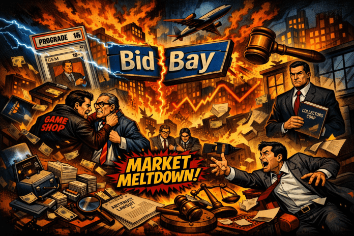 Wide comic‑style illustration showing the collectibles industry in turmoil: Game Shop and BidBay executives fighting, a ProGrade slab struck by lightning, and Collectors Corp overseeing chaos under the headline “MARKET MELTDOWN!”.