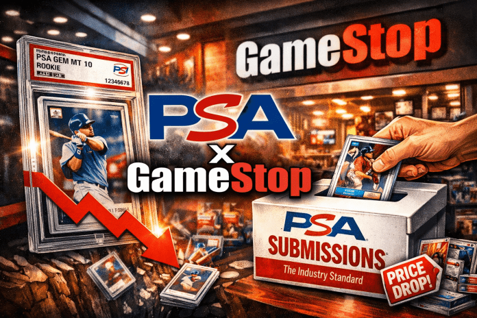 Comic‑style illustration showing a PSA‑graded card, PSA × GameStop logos, and a collector submitting a card into a PSA box inside a GameStop store.
