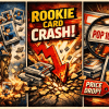 Comic‑style illustration of rookie sports cards falling off a cliff with a red crash arrow, “ROOKIE CARD CRASH!” text, and a magnifying glass highlighting “POP 10,000+” beside a “PRICE DROP!” tag.