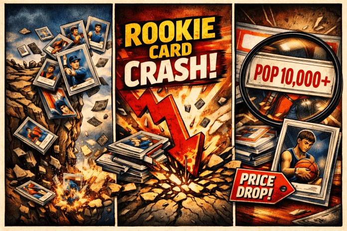 Comic‑style illustration of rookie sports cards falling off a cliff with a red crash arrow, “ROOKIE CARD CRASH!” text, and a magnifying glass highlighting “POP 10,000+” beside a “PRICE DROP!” tag.