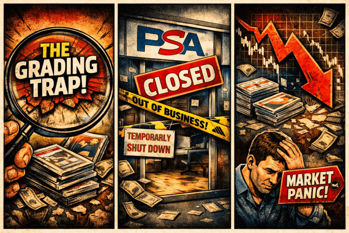Comic‑style illustration showing a frustrated collector reviewing grading fees, a PSA 10 card caught in a metal bear trap, and stacks of high‑population slabs falling off a cliff under a crashing red arrow.
