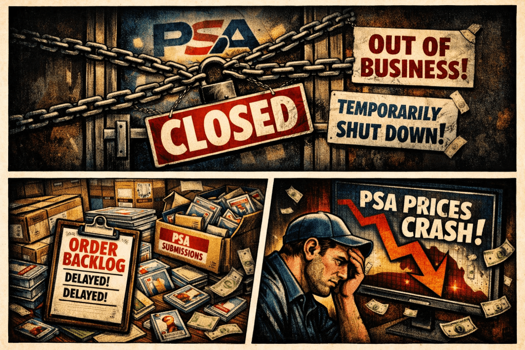 Comic‑style illustration showing PSA’s office chained shut with “CLOSED” and “OUT OF BUSINESS” signs, a jammed mailroom labeled “PSA SUBMISSIONS,” and a worried collector watching a crashing graph marked “PSA PRICES CRASH!”