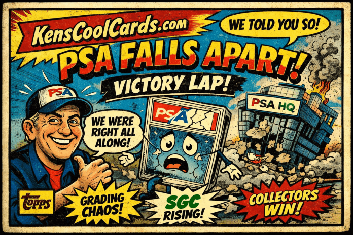 Retro Topps‑style comic illustration showing PSA collapsing, KensCoolCards celebrating a “We Told You So” moment, and SGC rising in the hobby
