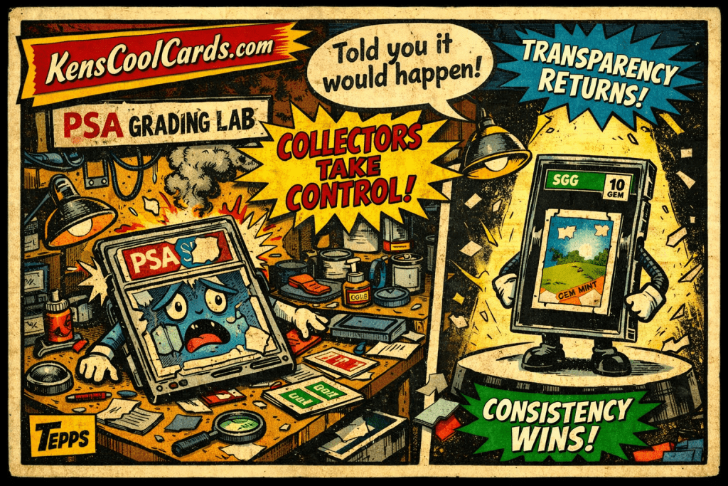 Retro Topps‑style comic illustration showing PSA’s cracked slab on a chaotic grading workbench and SGC rising under a spotlight labeled “Consistency Wins.”