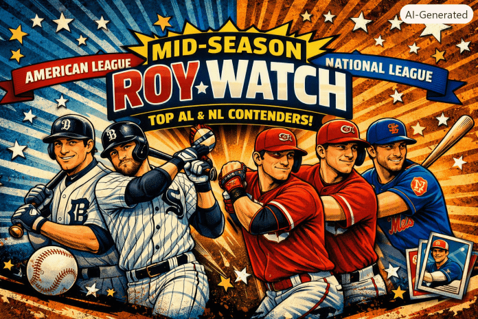 Comic‑style banner showing American League and National League Rookie of the Year contenders with “Mid‑Season ROY Watch” title and Ken’s Cool Cards branding.