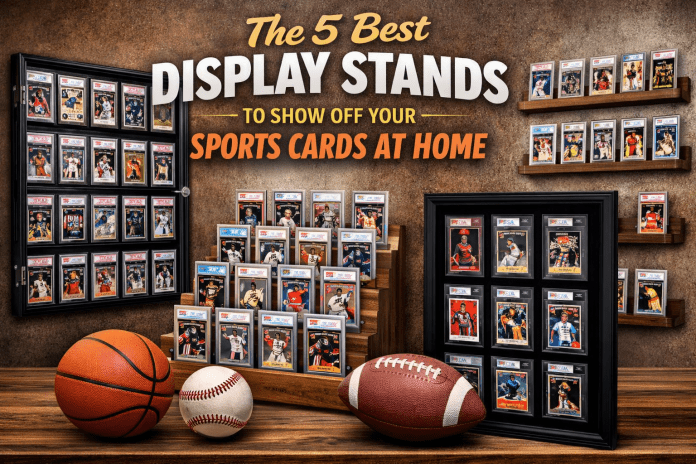 Sports card display stands including wall cases, wooden shelves, and premium frames showcasing baseball, basketball, and football cards