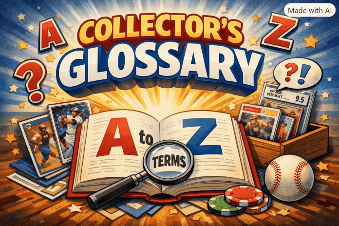 Collector’s Glossary – A‑to‑Z Sports Card Terms Comic‑style illustration showing “Collector’s Glossary” with trading cards, open book labeled A‑to‑Z, magnifying glass, and hobby items.