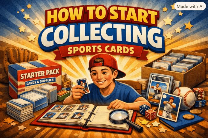 How to Start Collecting Sports Cards – Featured Image Comic‑style illustration of a new collector at a table with a starter pack, binder, trading cards, and the title “How to Start Collecting Sports Cards.”