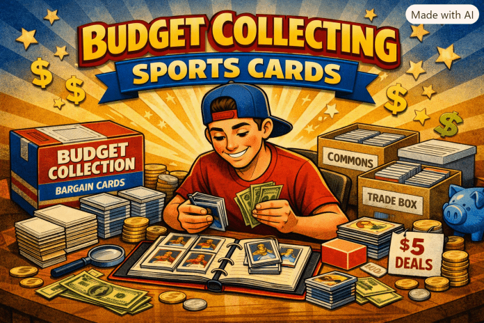 Comic‑style illustration of a collector organizing cards and counting money under the title “Budget Collecting Sports Cards.”