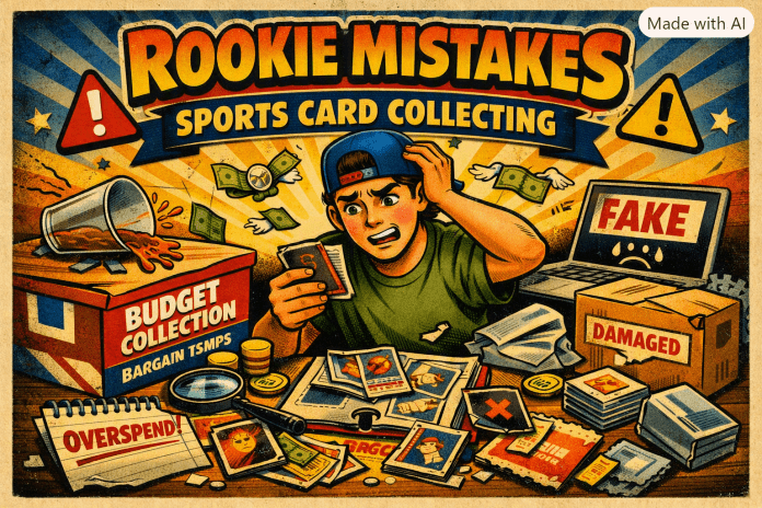 Comic‑style illustration of a frustrated new collector holding a bent card, surrounded by damaged cards, spilled drinks, flying dollar bills, and warning icons under the title “Rookie Mistakes Sports Card Collecting.”
